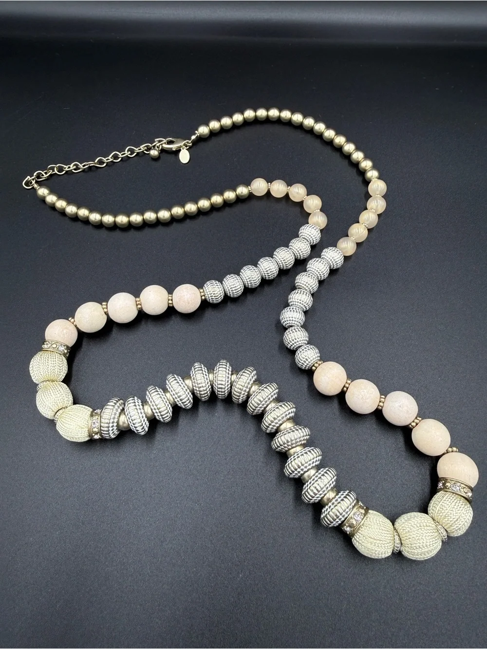 Chico's Long Beaded Necklace in Cream, Beige & Silver